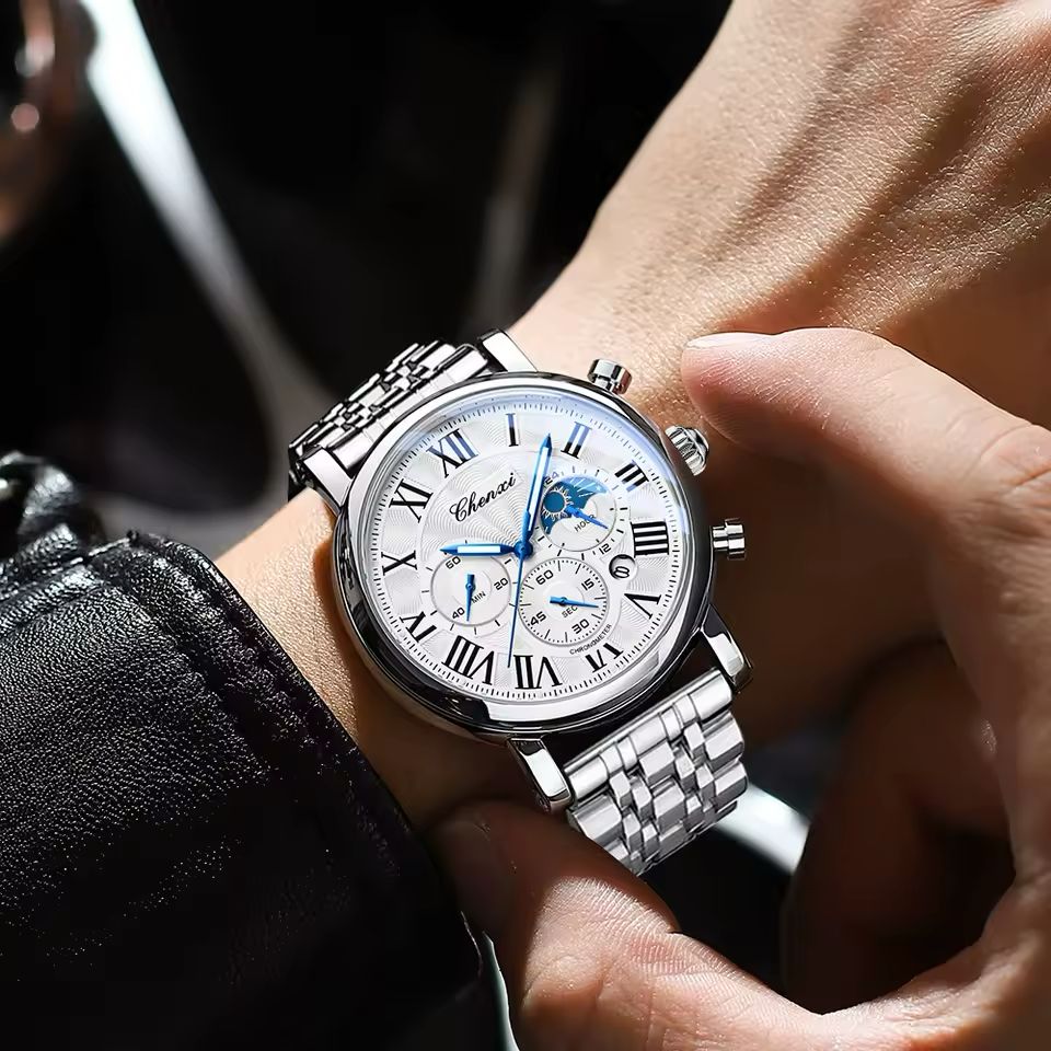 CHENXI Men’s Luxury Chronograph - Silver Stainless Steel Business Watch