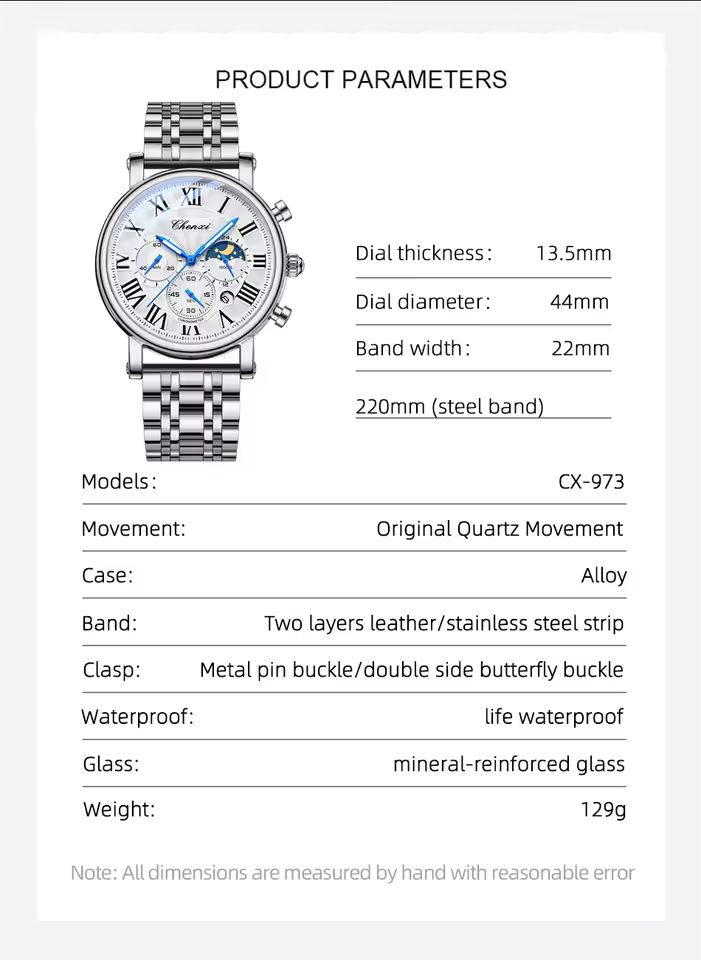 CHENXI Men’s Luxury Chronograph - Silver Stainless Steel Business Watch