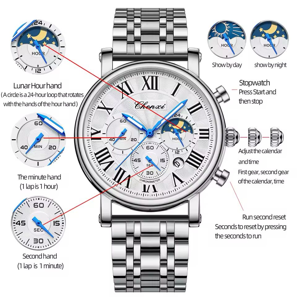 CHENXI Men’s Luxury Chronograph - Silver Stainless Steel Business Watch