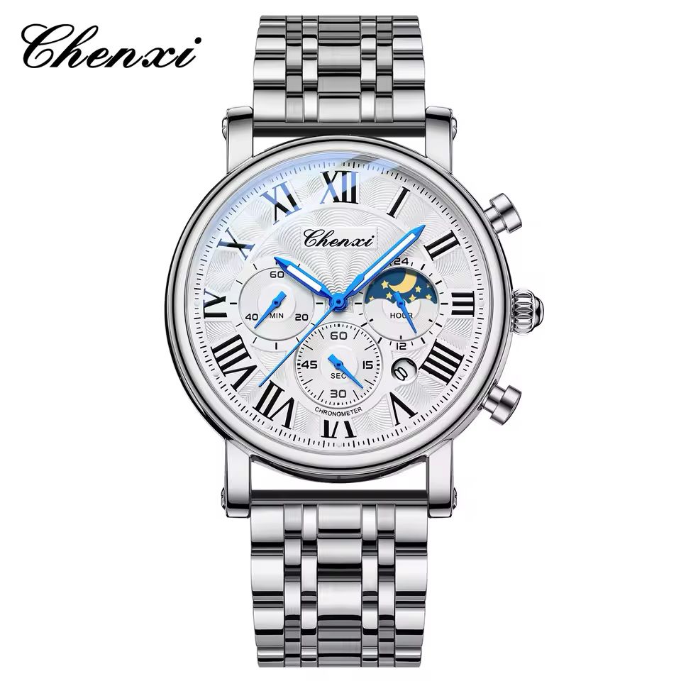 CHENXI Men’s Luxury Chronograph - Silver Stainless Steel Business Watch
