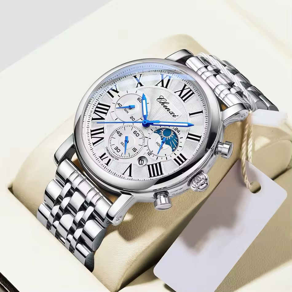 CHENXI Men’s Luxury Chronograph - Silver Stainless Steel Business Watch