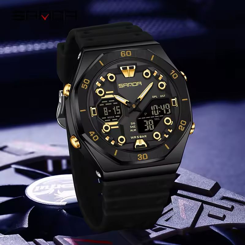 SANDA Men’s Military Sport Watch: Dual Display Analog-Digital Quartz, Octagonal Carbon Black & Gold Edition (5ATM Water Resistant)