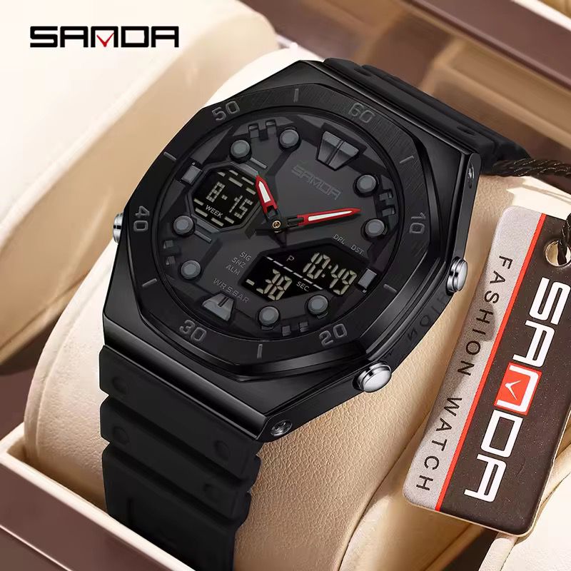 SANDA Men’s Military Sport Watch: Dual Display Analog-Digital Quartz, Octagonal Carbon Black Edition (5ATM Water Resistant)