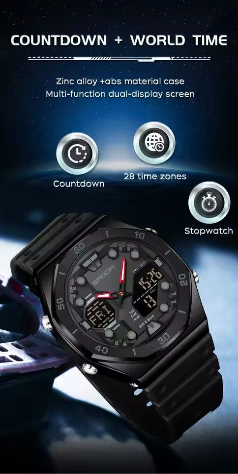 SANDA Men’s Military Sport Watch: Dual Display Analog-Digital Quartz, Octagonal Carbon Black Edition (5ATM Water Resistant)