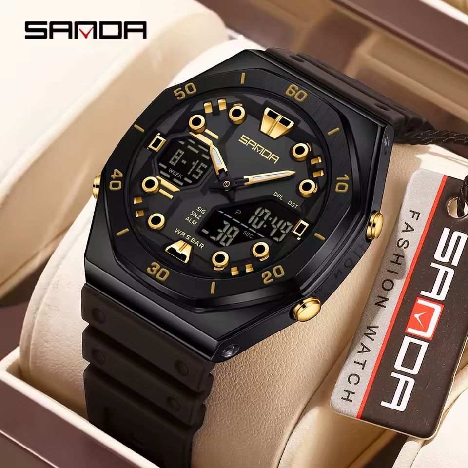 SANDA Men’s Military Sport Watch: Dual Display Analog-Digital Quartz, Octagonal Carbon Black & Gold Edition (5ATM Water Resistant)