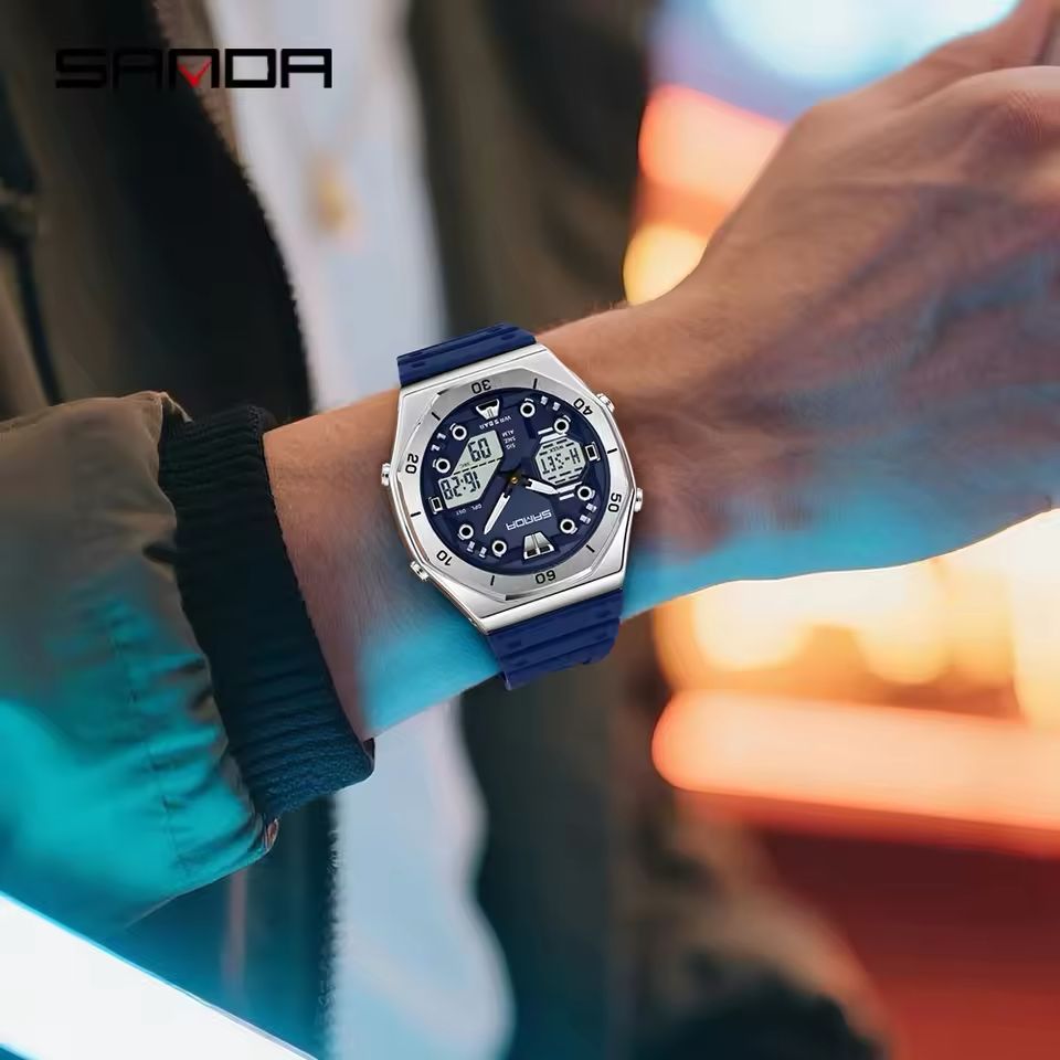 SANDA Sports Original Watch : Men's Dual-Display Analog-Digital Waterproof Watch