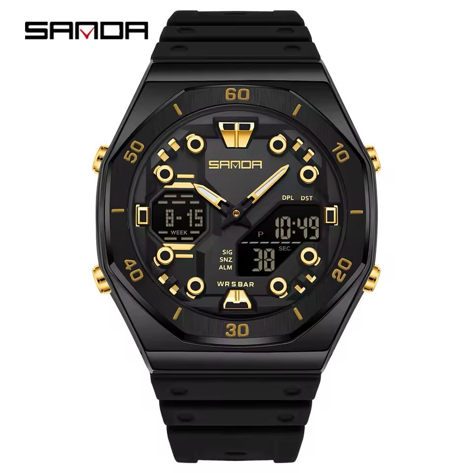 SANDA Men’s Military Sport Watch: Dual Display Analog-Digital Quartz, Octagonal Carbon Black & Gold Edition (5ATM Water Resistant)