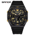 SANDA Men’s Military Sport Watch: Dual Display Analog-Digital Quartz, Octagonal Carbon Black & Gold Edition (5ATM Water Resistant)