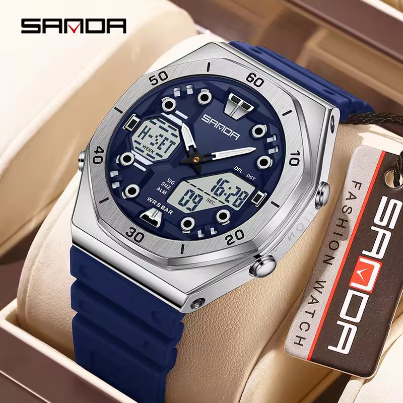 SANDA Sports Original Watch : Men's Dual-Display Analog-Digital Waterproof Watch