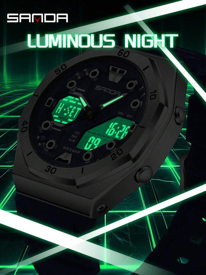 SANDA Men’s Military Sport Watch: Dual Display Analog-Digital Quartz, Octagonal Carbon Black Edition (5ATM Water Resistant)