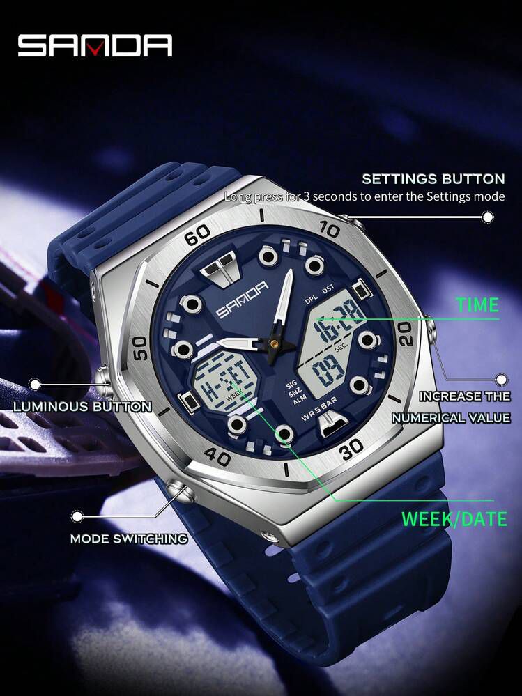 SANDA Sports Original Watch : Men's Dual-Display Analog-Digital Waterproof Watch