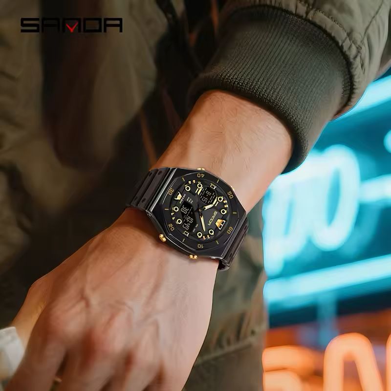 SANDA Men’s Military Sport Watch: Dual Display Analog-Digital Quartz, Octagonal Carbon Black & Gold Edition (5ATM Water Resistant)