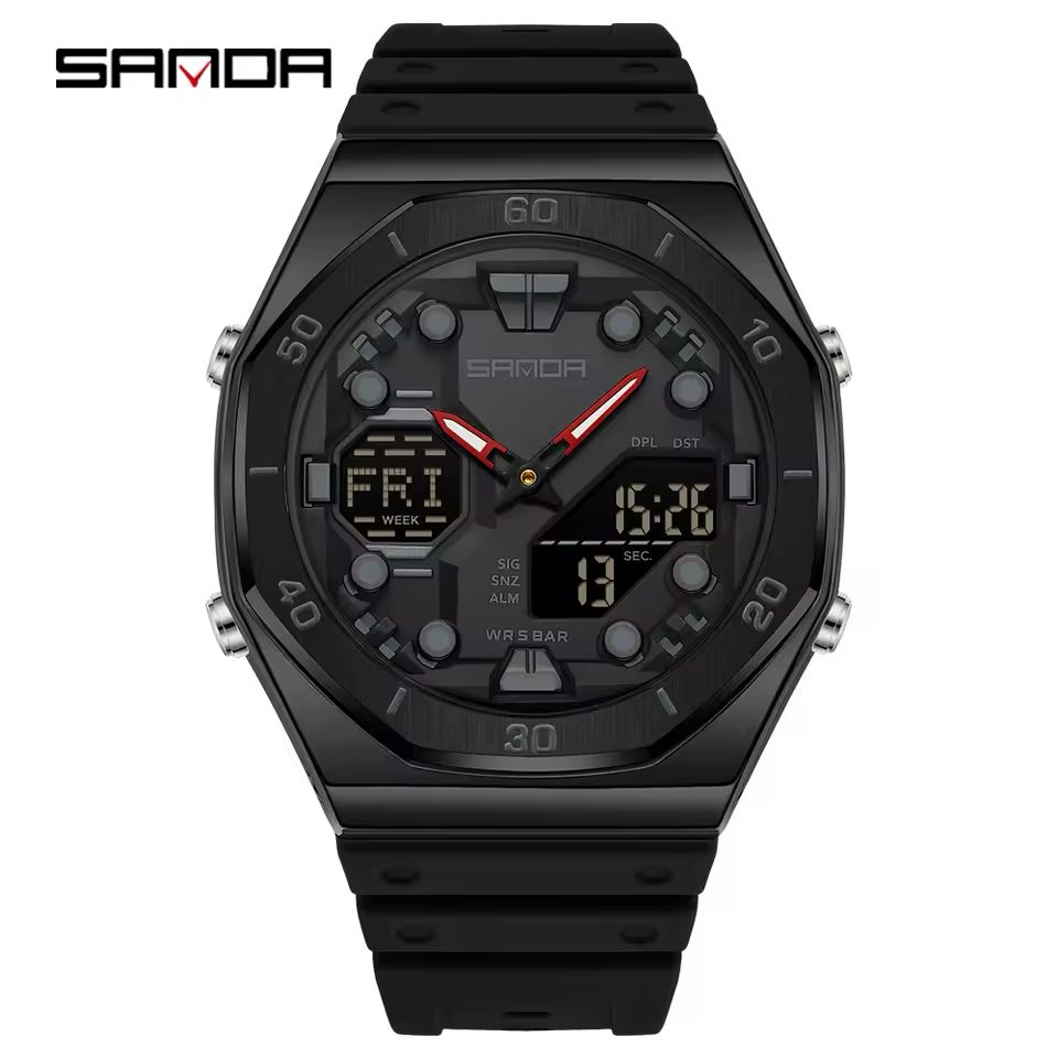 SANDA Men’s Military Sport Watch: Dual Display Analog-Digital Quartz, Octagonal Carbon Black Edition (5ATM Water Resistant)