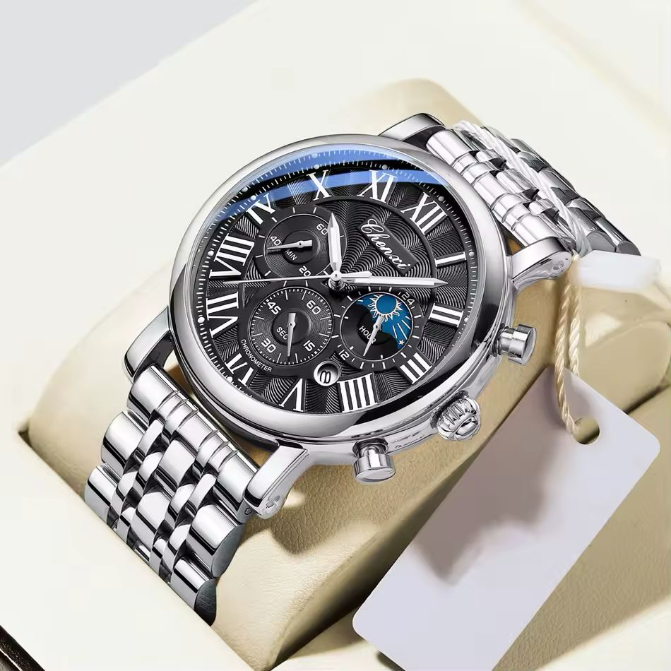 CHENXI Men’s Luxury Chronograph - Silver-Black Stainless Steel Business Watch