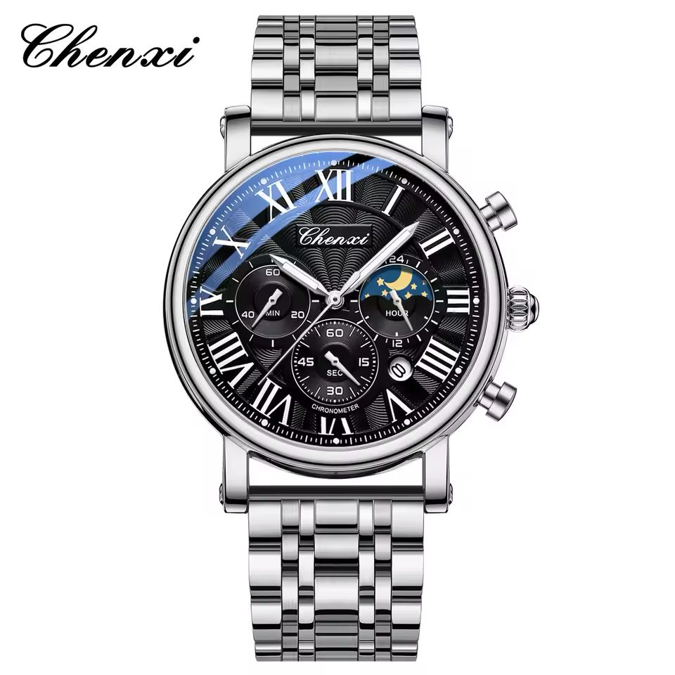 CHENXI Men’s Luxury Chronograph - Silver-Black Stainless Steel Business Watch