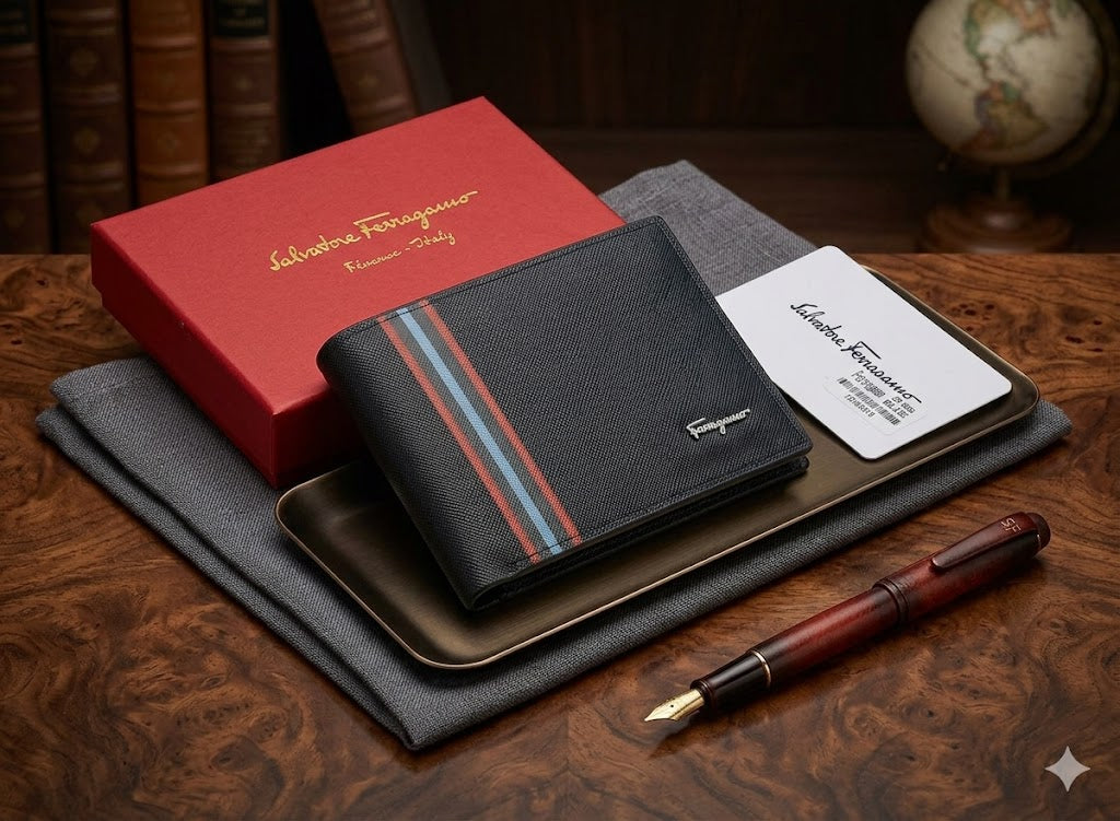 Classic Ferragamo Navy Bifold with Ribbon Detail